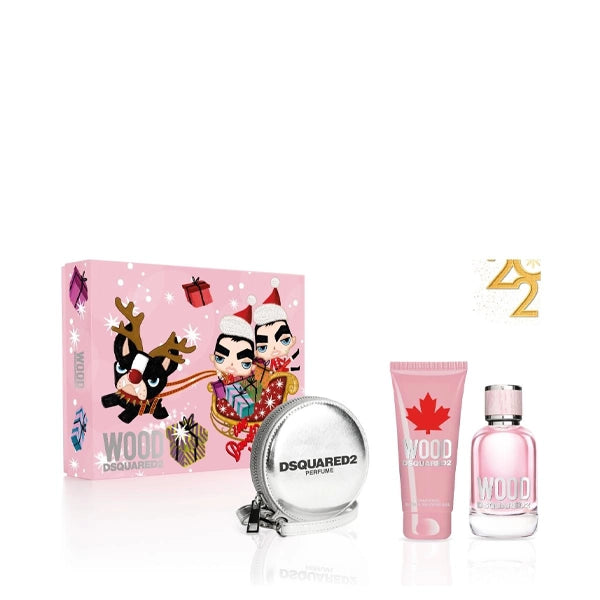 Dsquared2 Wood Woman Gift Set Eau de Toilette 100ml With Charming Bath & Shower Gel 100ml And Silver Round Purse
