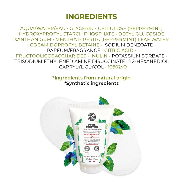 Yves Rocher Pure Menthe The 3 In 1 Cleanser, Scrub & Anti Blackhead 