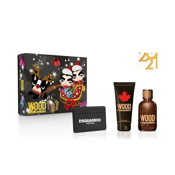 Dsquared2 Wood Man Gift Set Eau de Toilette 100ml And Perfumed Bath & Shower Gel 100ml With Black Card Holder