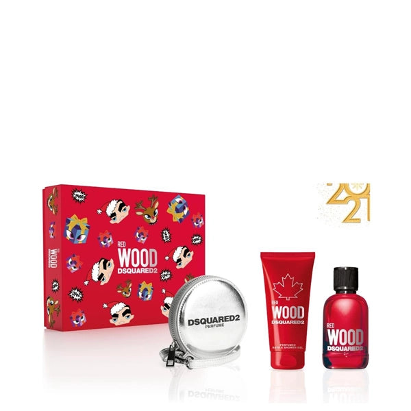 Dsquared2 Red Wood Gift Set Eau de Toilette 100ml And Perfumed Bath & Shower Gel 100ml And Silver Round Purse