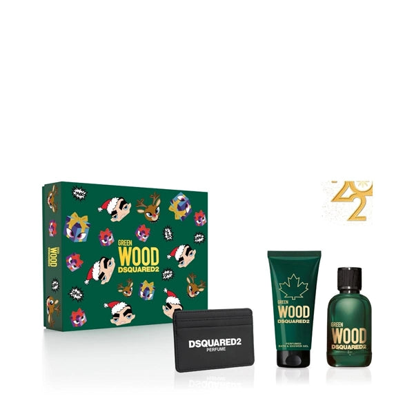 Dsquared2 Green Wood Gift Set Eau de Toilette 100ml And Perfumed Bath & Shower Gel 100ml With Black Card Holder